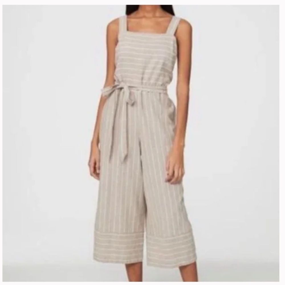 Beach Lunch Lounge Talia Linen Cotton Jumpsuit Oatmeal Stripe Size XL